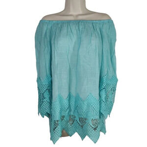 Cato Tunic Top Women Size S Blue Long Sleeve Off The Shoulder Lace Trim